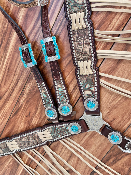 Gator with cross stitch and natural turquoise accents