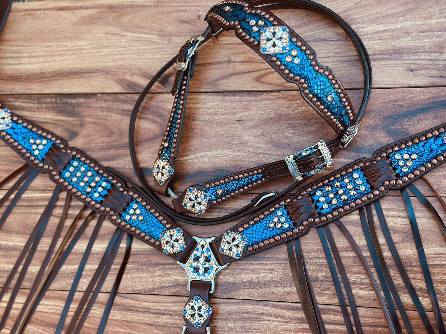 Blue mystic with crystals. Cross stitch and fringe.