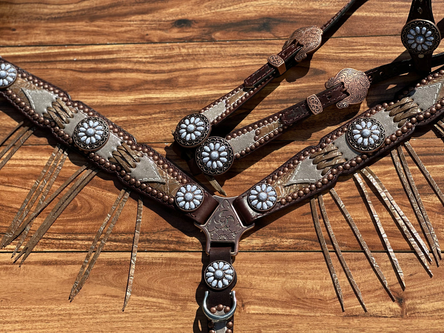 Silver dazzle with brown cross stitch with fringe