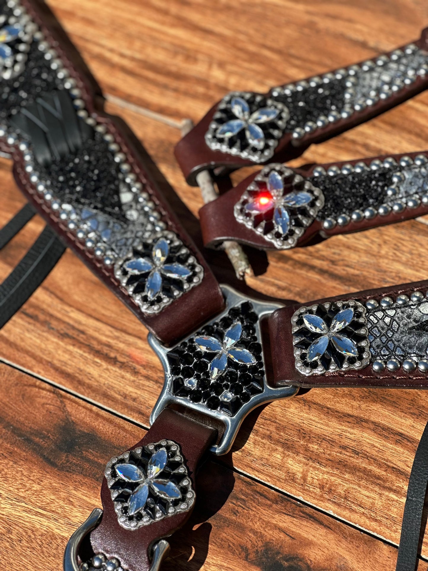 Silver Mystic with black chunky glitter. Cross stitch and fringe.