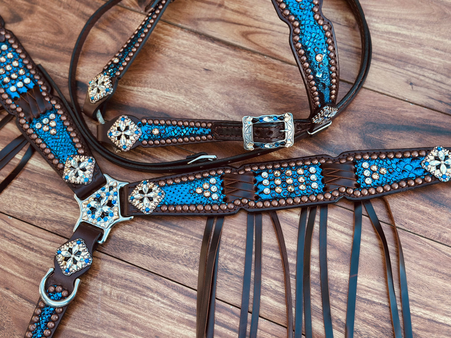 Blue mystic with crystals. Cross stitch and fringe.