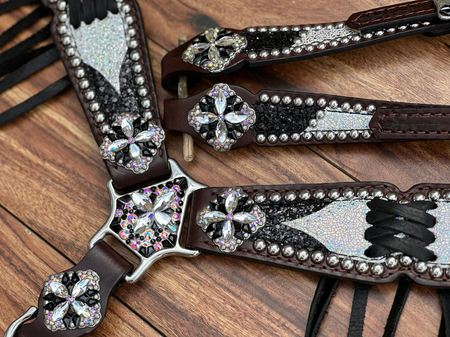 Ice over black chunky glitter. Cross stitch and fringe.