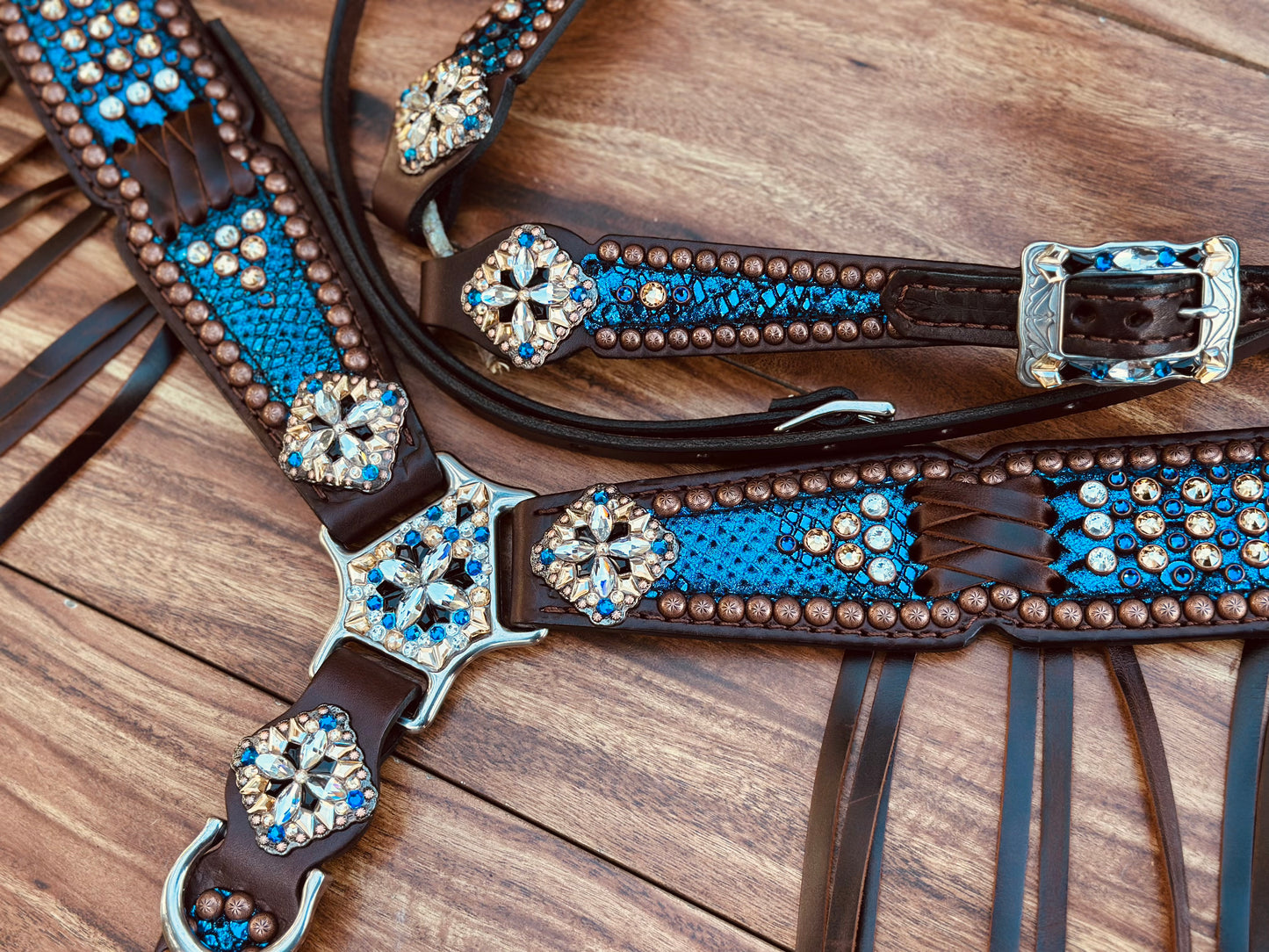 Blue mystic with crystals. Cross stitch and fringe.