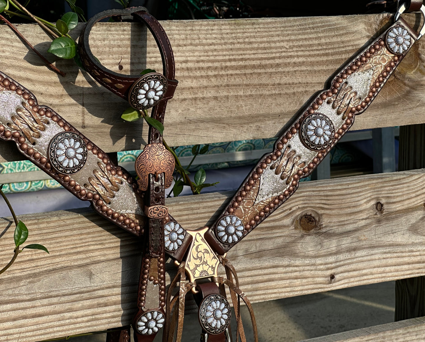 Silver dazzle with brown cross stitch and a little bit of fringe