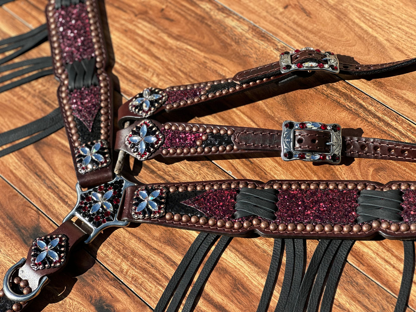 Burgundy chunky glitter with black cheetah and cross stitch fringe