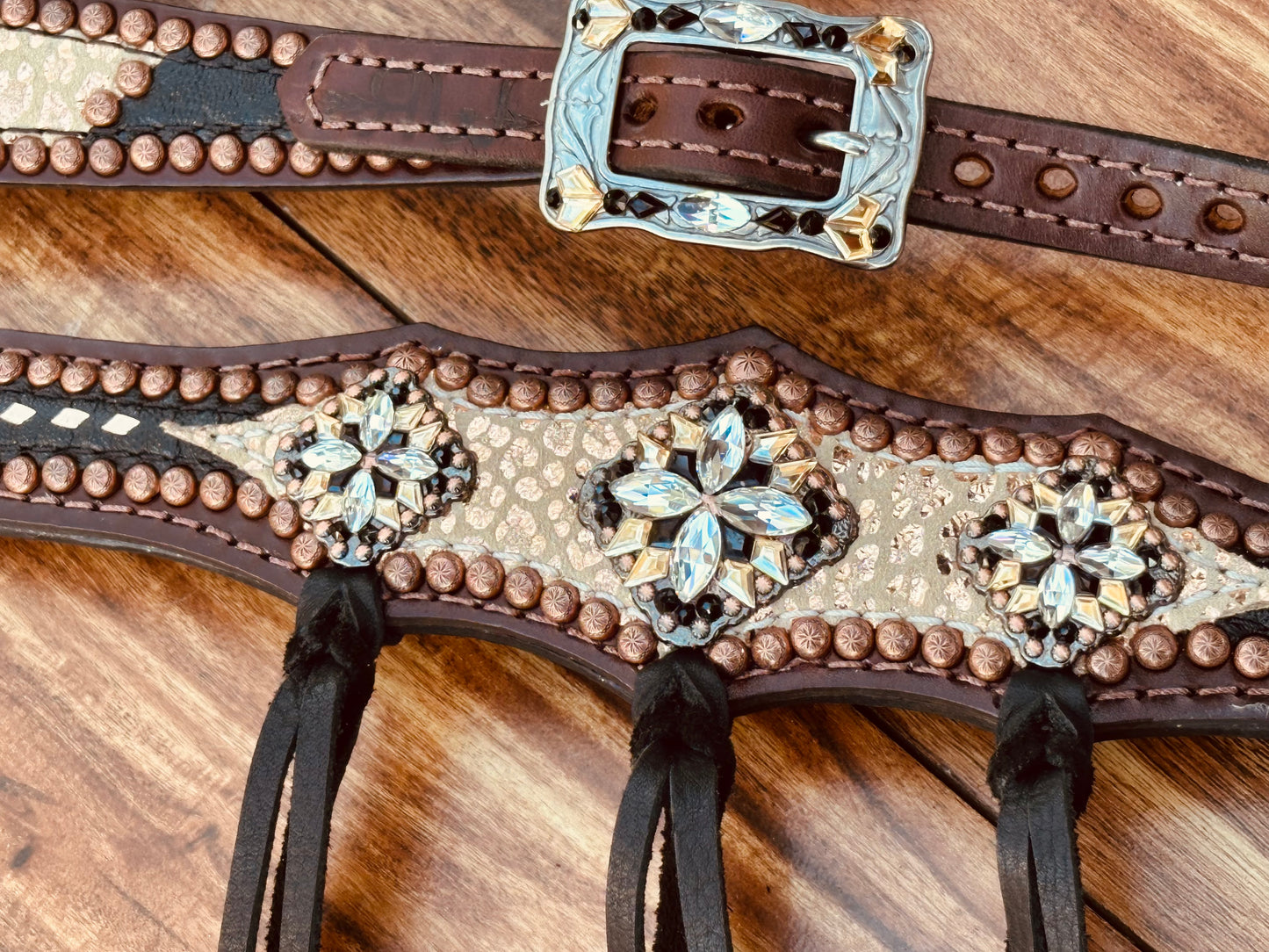 Rose gold cheetah with black elephant, rose gold buckstitch and fringe