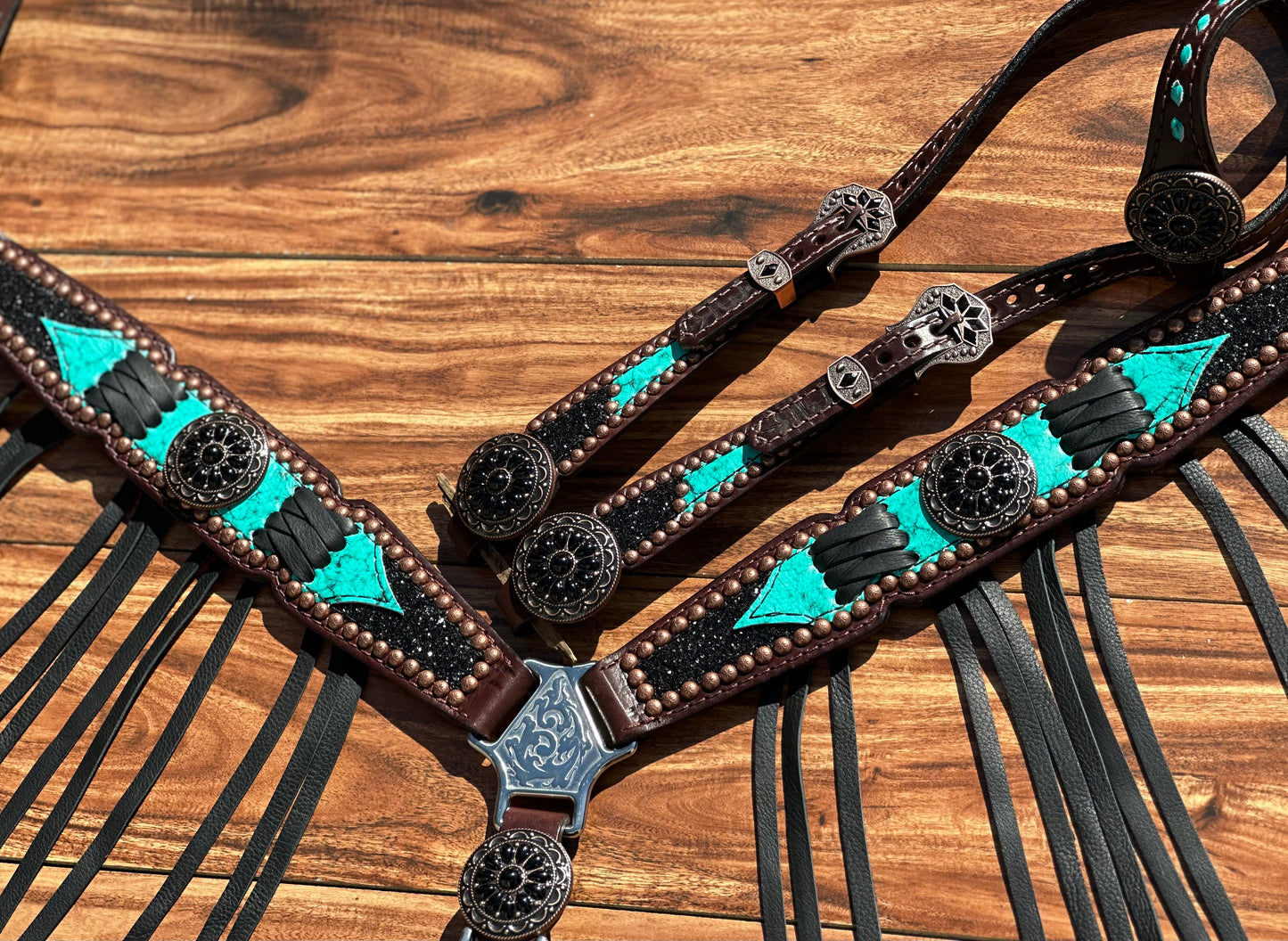 Turquoise with black chunky glitter and cross stitch