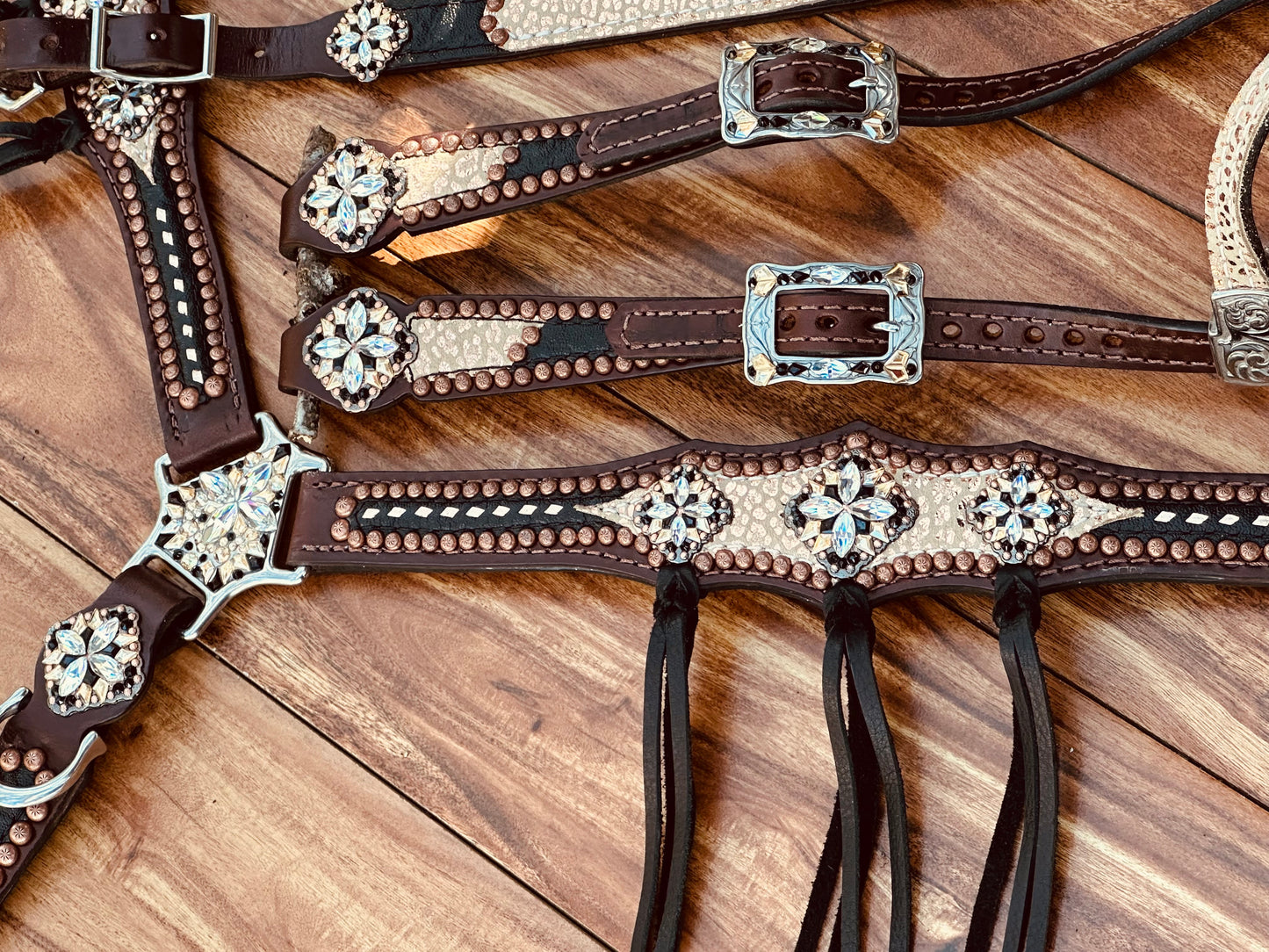 Rose gold cheetah with black elephant, rose gold buckstitch and fringe