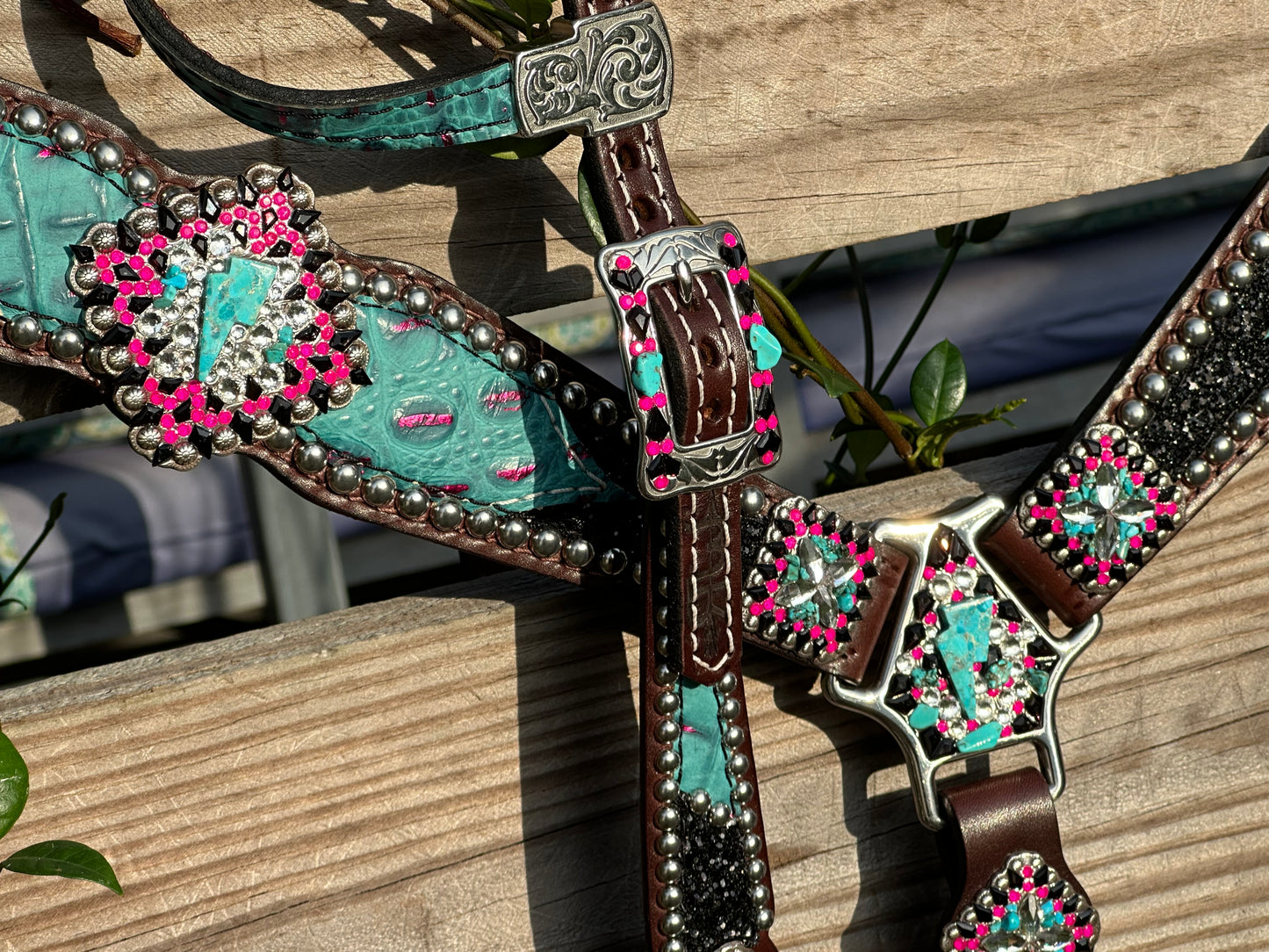 Black chunky glitter with turquoise, pink and lightening bolts