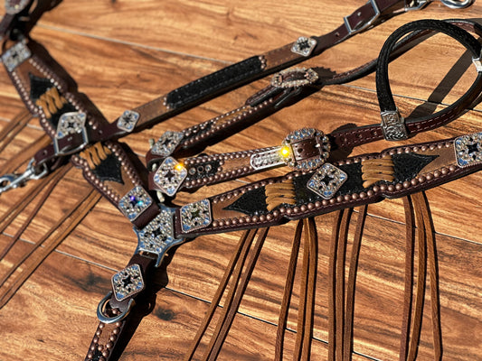 Black cheetah over brown with cross stitch. With or without fringe.