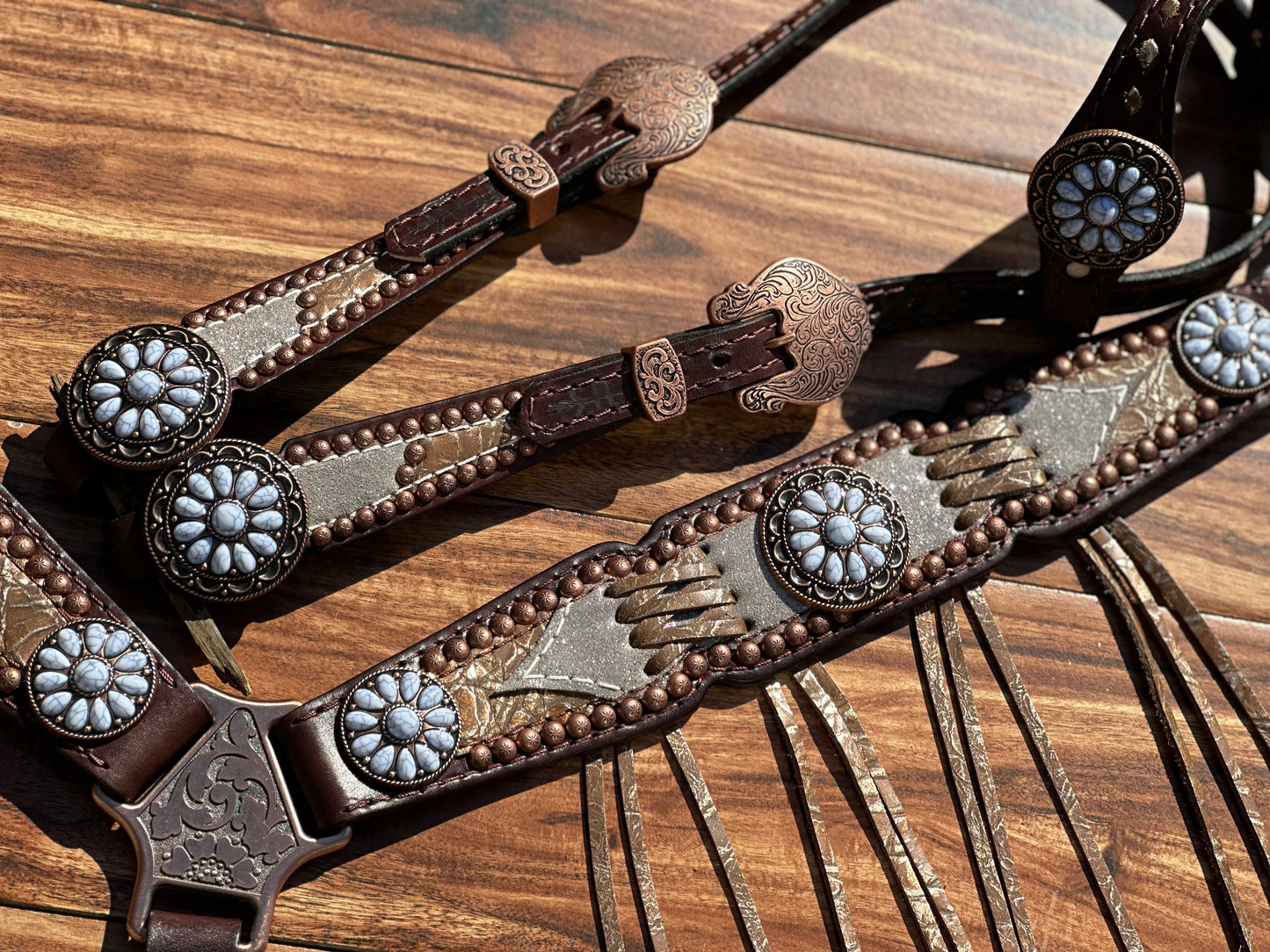 Silver dazzle with brown cross stitch with fringe