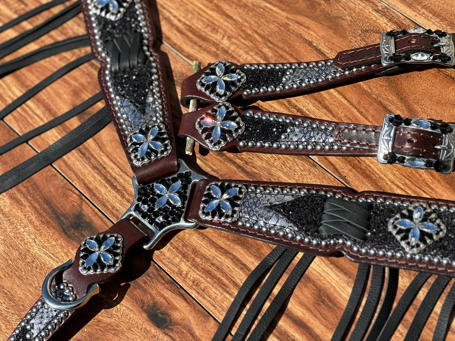 Silver Mystic with black chunky glitter. Cross stitch and fringe.