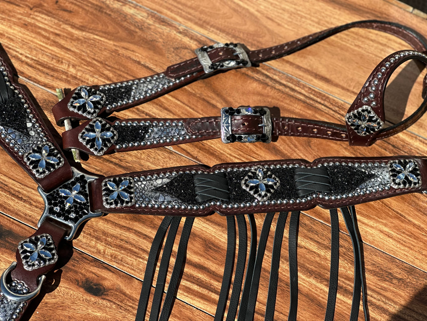 Silver Mystic with black chunky glitter. Cross stitch and fringe.