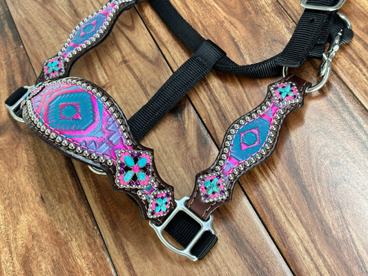 Pink Aztec with natural stones halter with cheeks