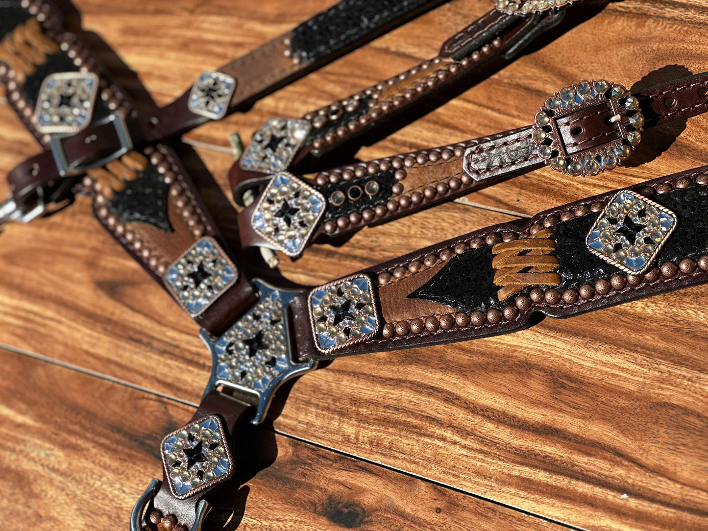 Black cheetah over brown with cross stitch. With or without fringe.