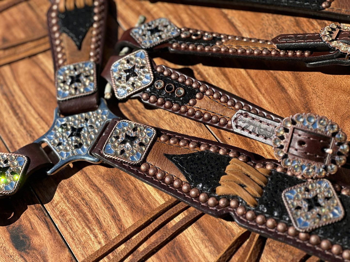 Black cheetah over brown with cross stitch. With or without fringe.