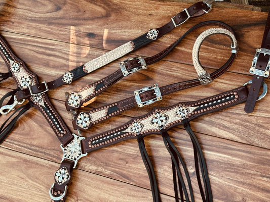 Rose gold cheetah with black elephant, rose gold buckstitch and fringe