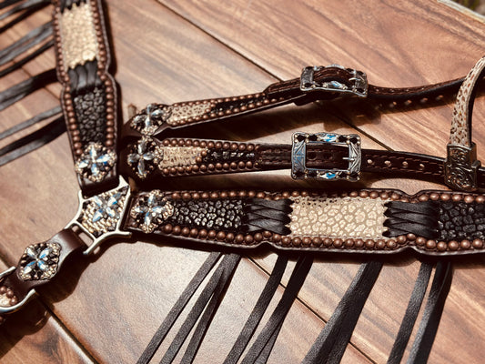 Black cheetah with rose gold cheetah and black cross stitch.