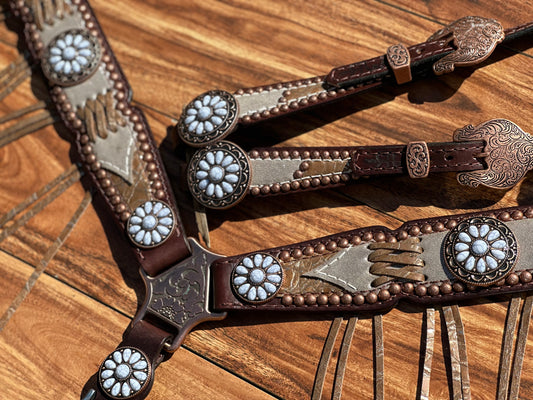 Silver dazzle with brown cross stitch with fringe