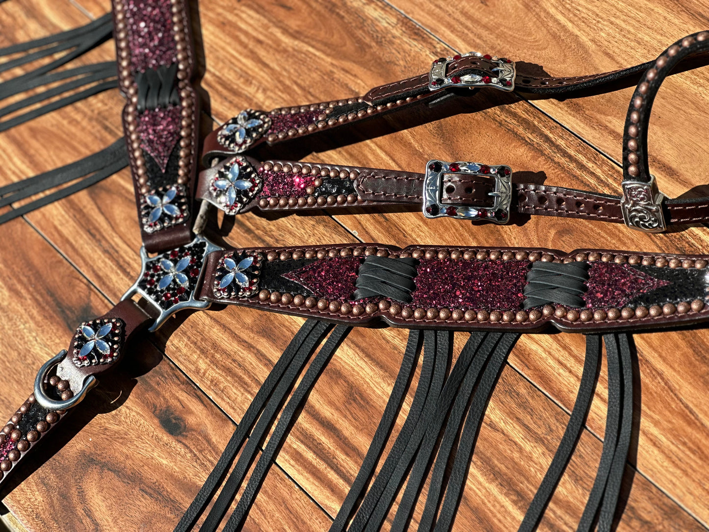 Burgundy chunky glitter with black cheetah and cross stitch fringe