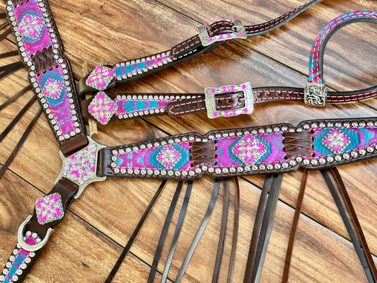 Pink and turquoise Aztec with cross stitch