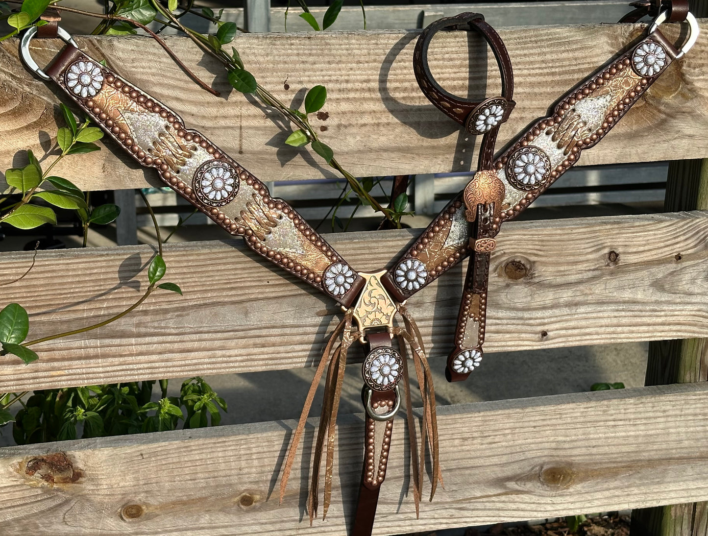 Silver dazzle with brown cross stitch and a little bit of fringe