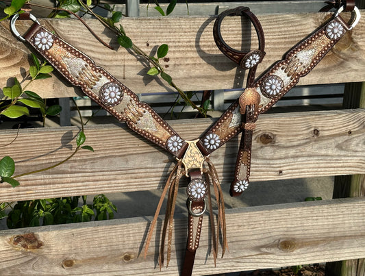 Silver dazzle with brown cross stitch and a little bit of fringe