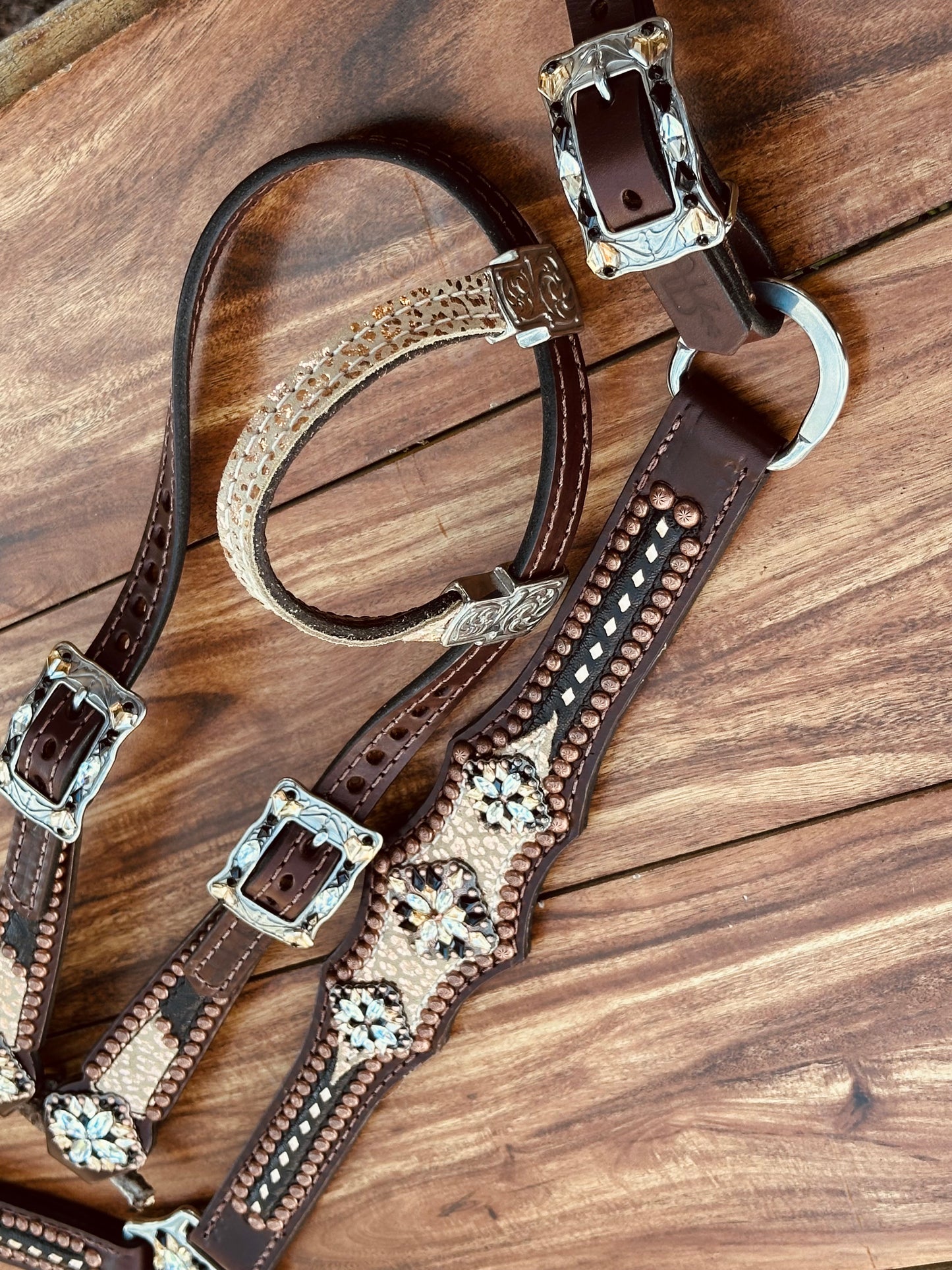 Rose gold cheetah with black elephant and buckstitch