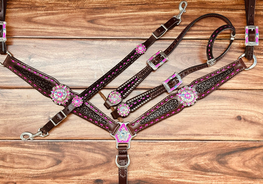 Black cheetah with bright pink buckstitch