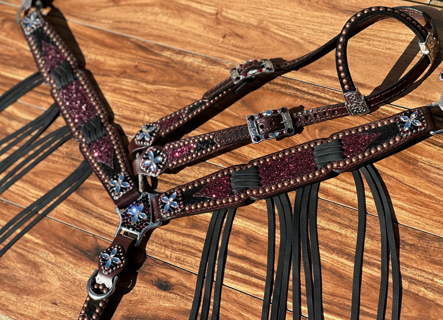 Burgundy chunky glitter with black cheetah and cross stitch fringe