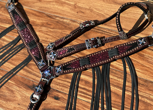 Burgundy chunky glitter with black cheetah and cross stitch fringe