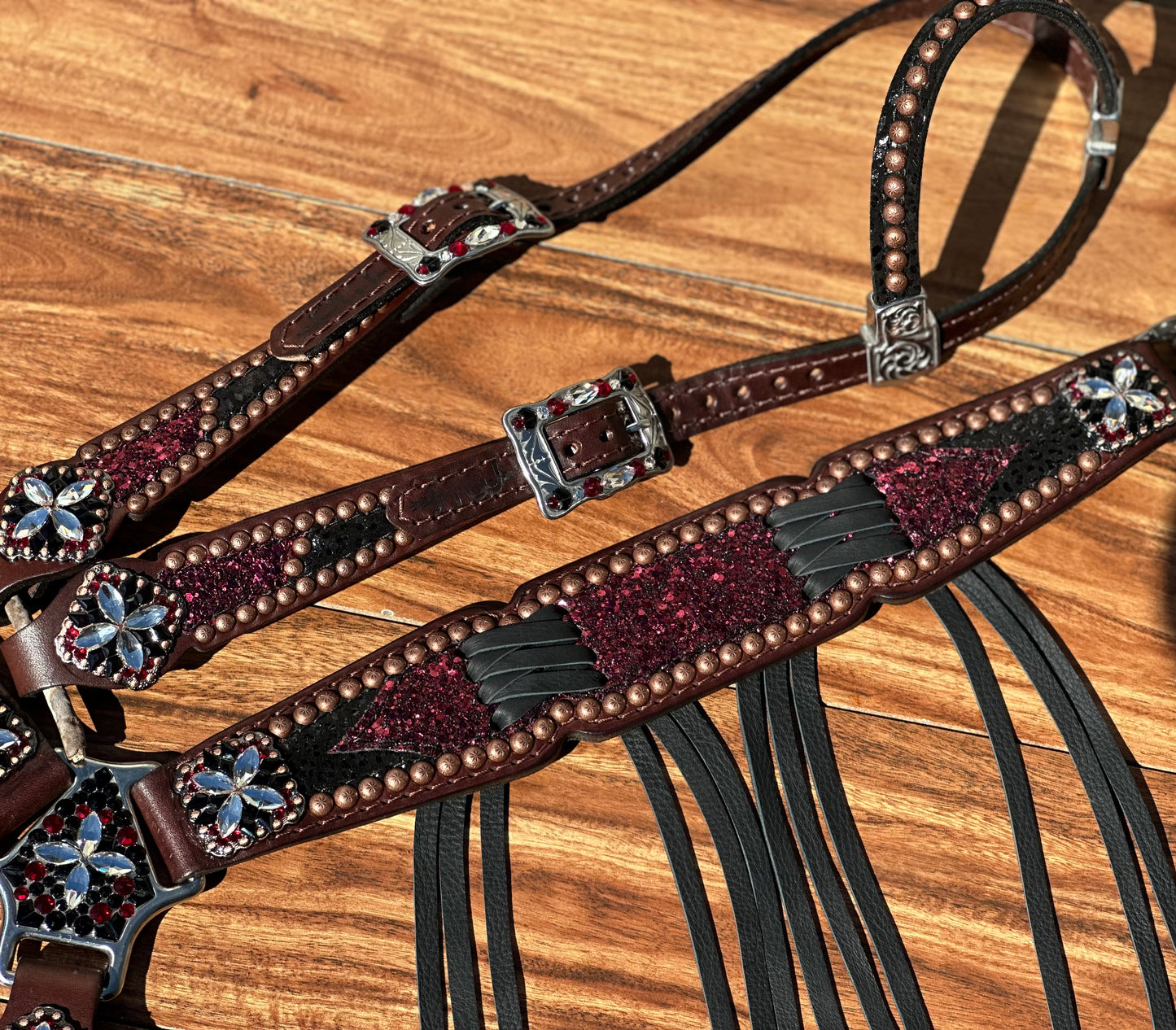 Burgundy chunky glitter with black cheetah and cross stitch fringe