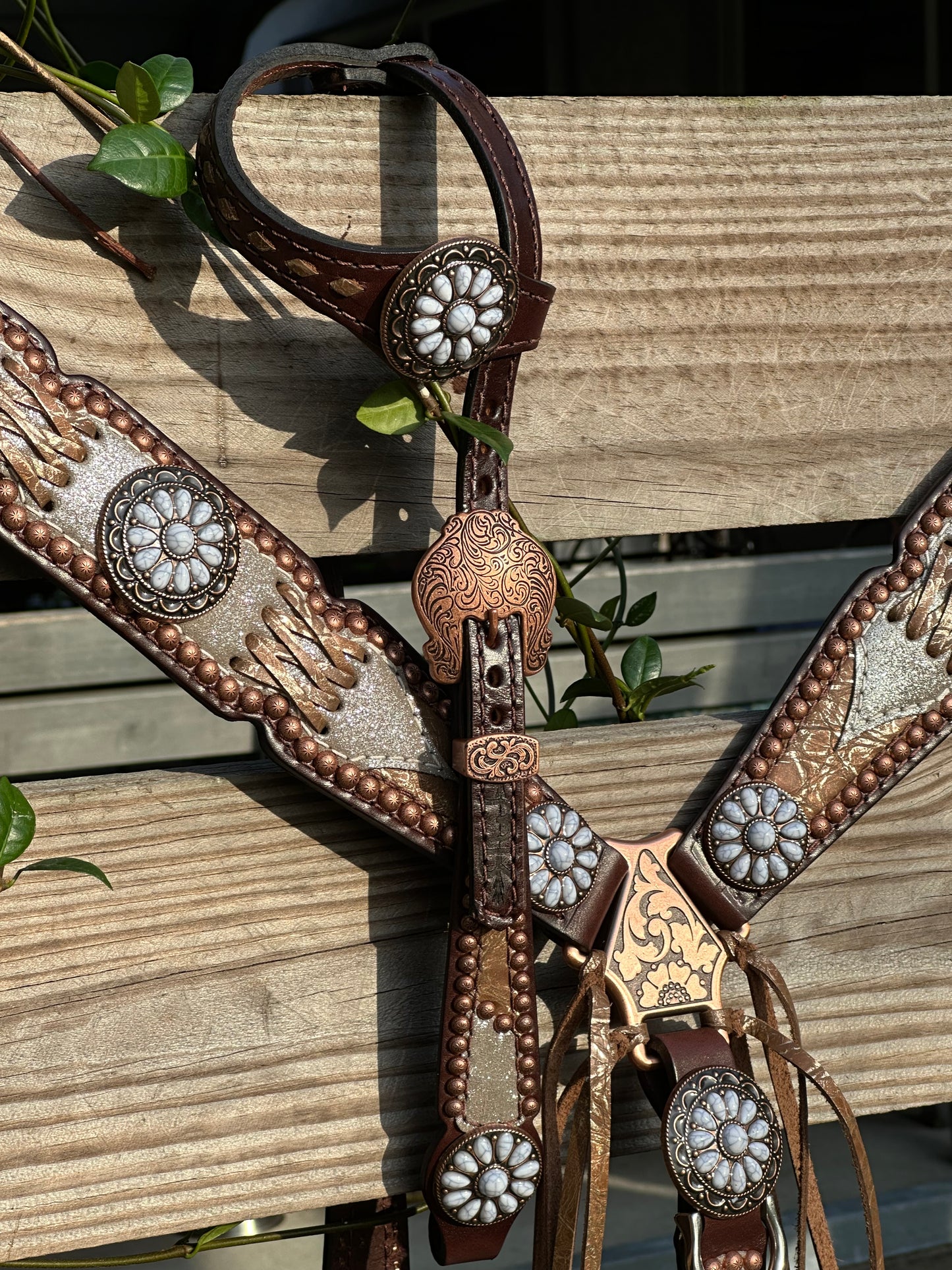 Silver dazzle with brown cross stitch and a little bit of fringe