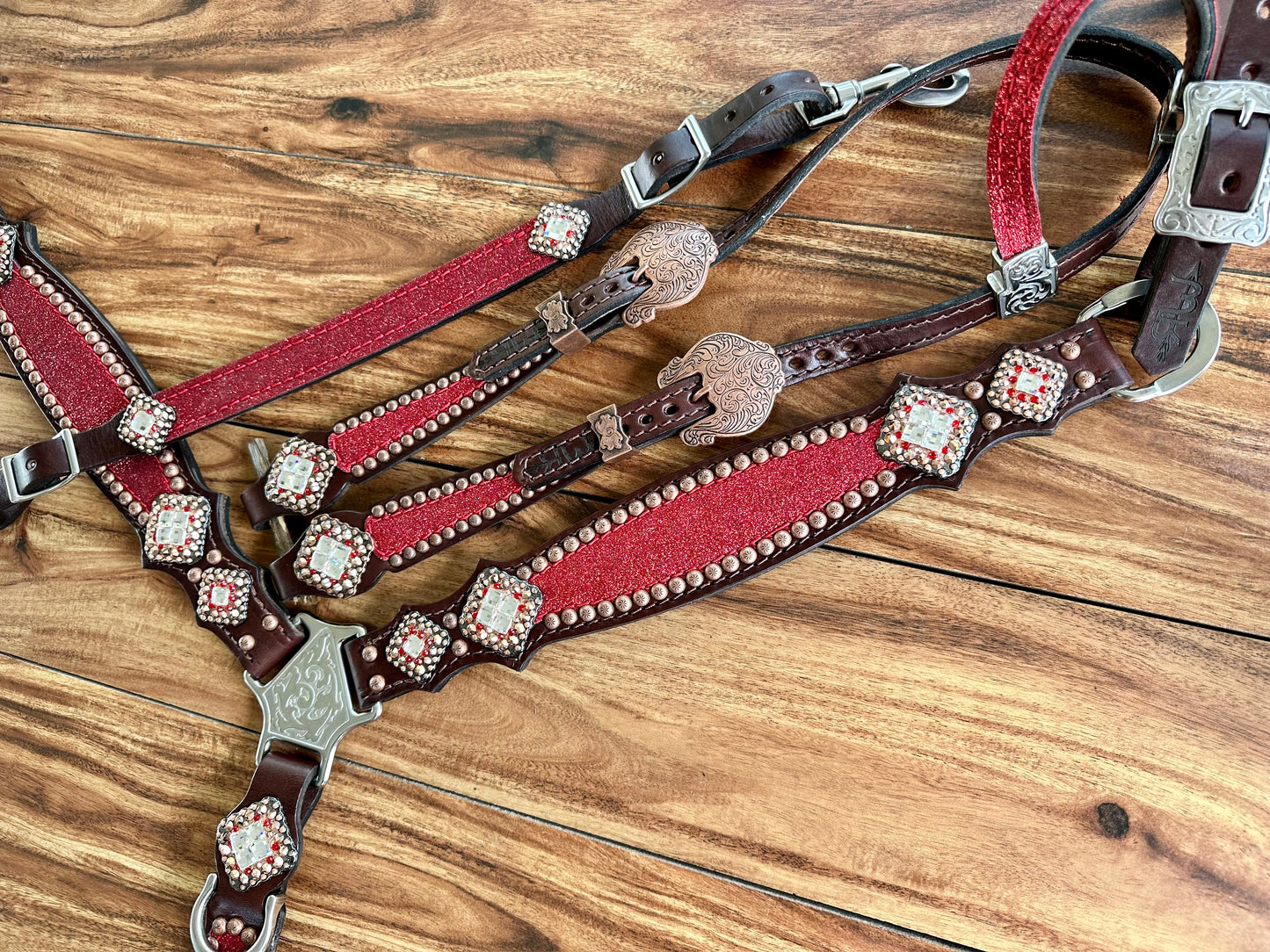 Red glitter with copper berry conchos