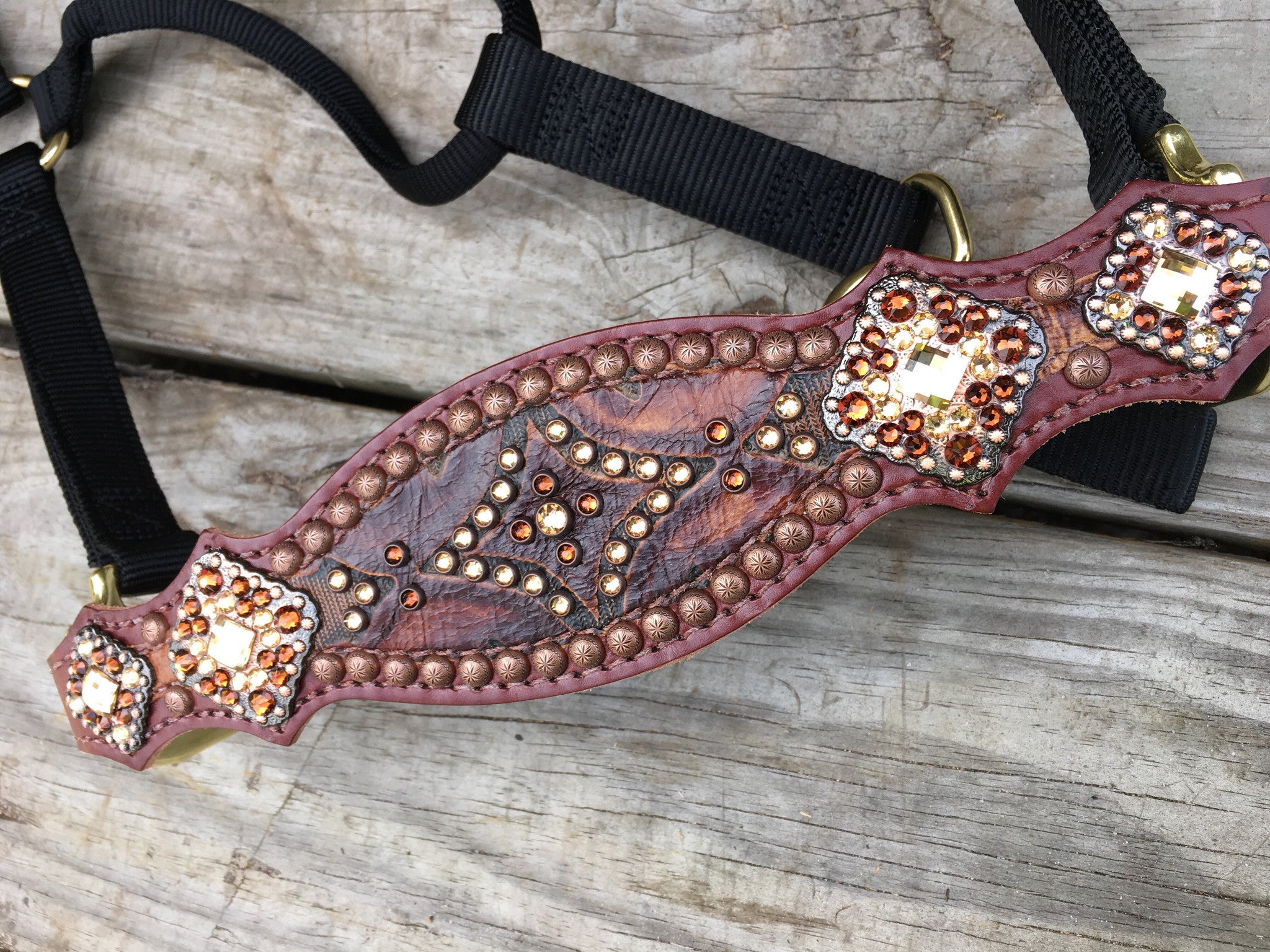 Brown tooled halter with rim set crystals