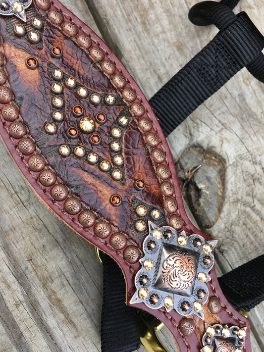 Tooled Aztec Leather Halter with Crystals