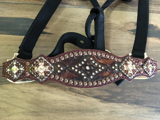 Brown Aztec Tooled Halter with Crystals