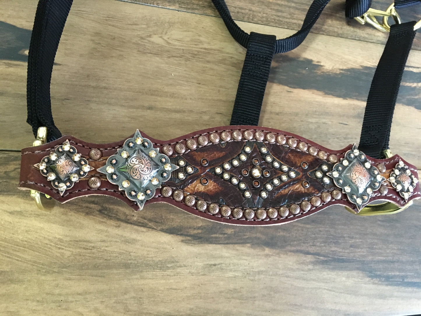 Tooled Aztec Leather Halter with Crystals