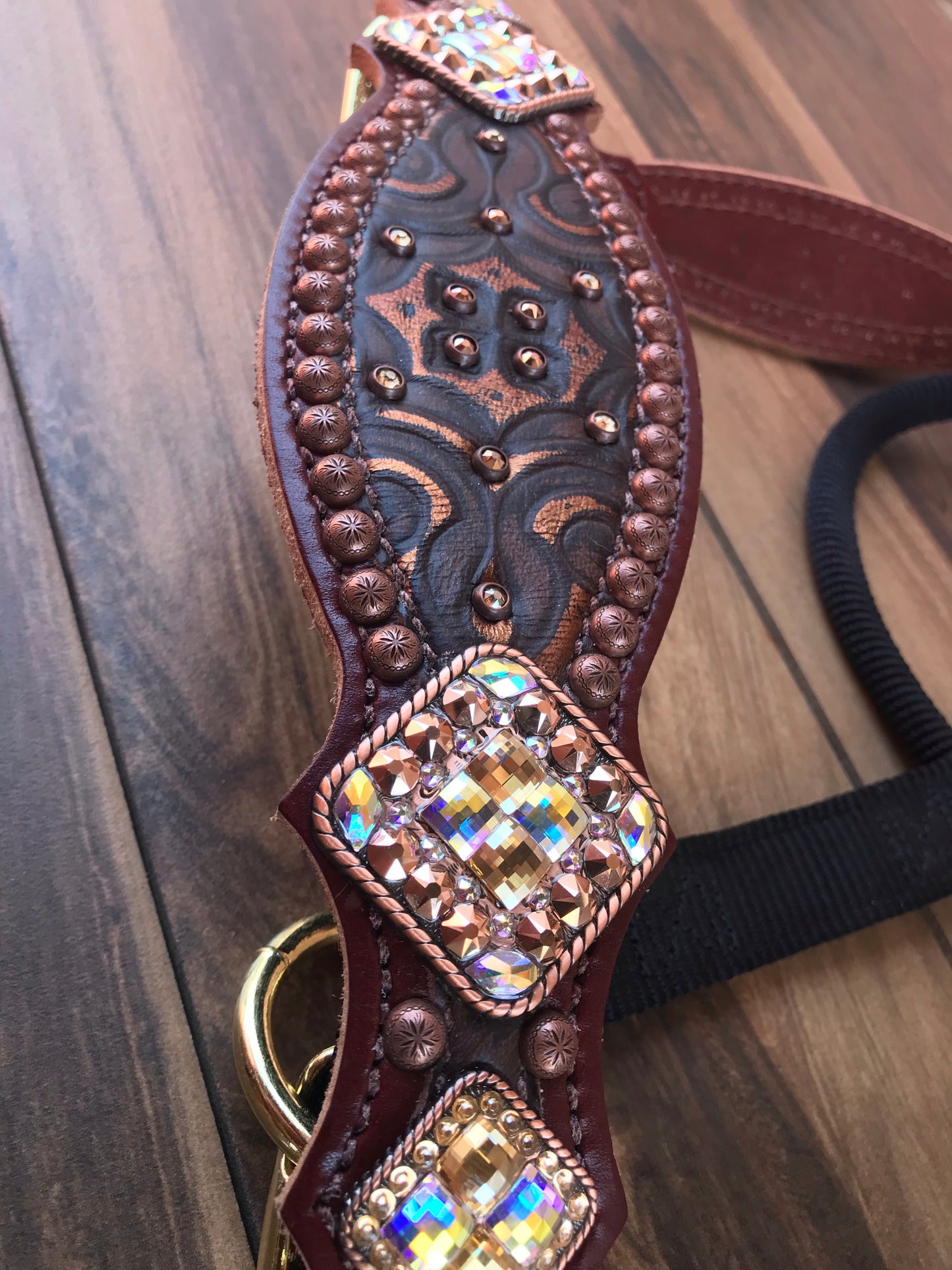 Brown Tooled leather with Crystals and Copper Spots