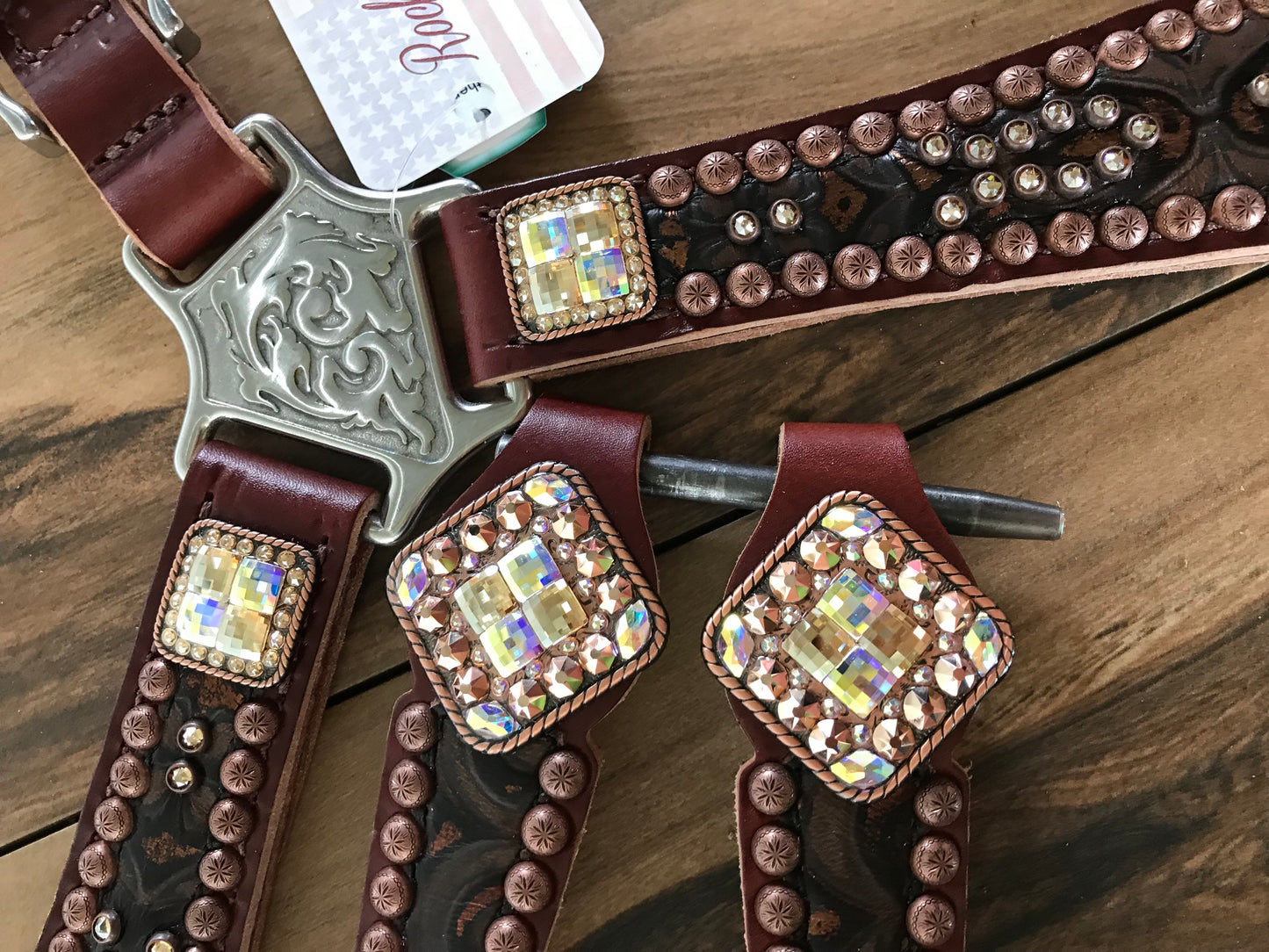 Brown Tooled leather with Crystals and Copper Spots