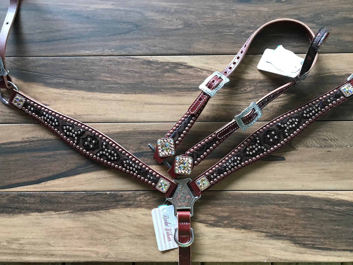 Brown Tooled leather with Crystals and Copper Spots