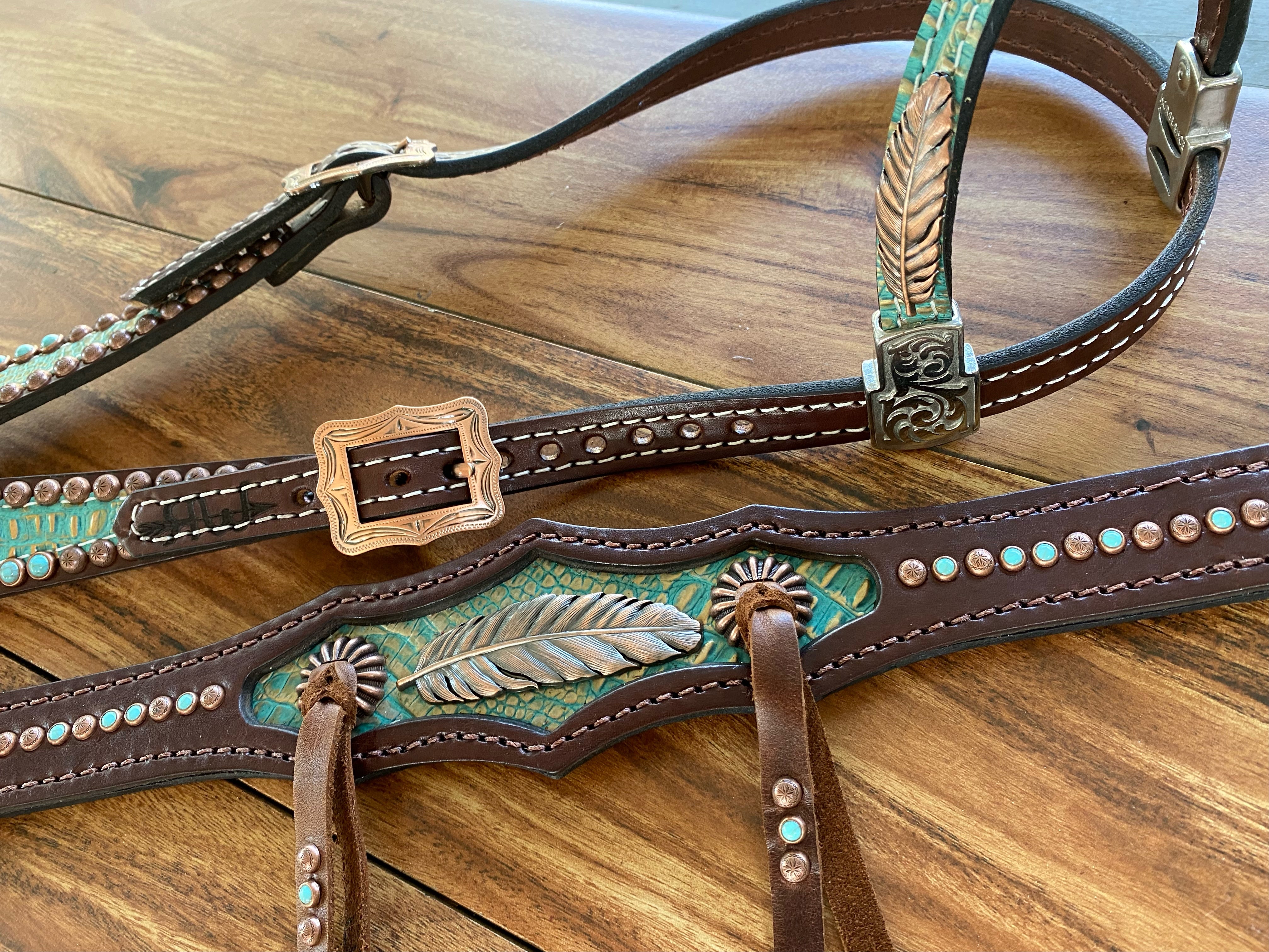 Dark Oil Buckstitch Copper and Turquoise Browband / One Ear / Breastco