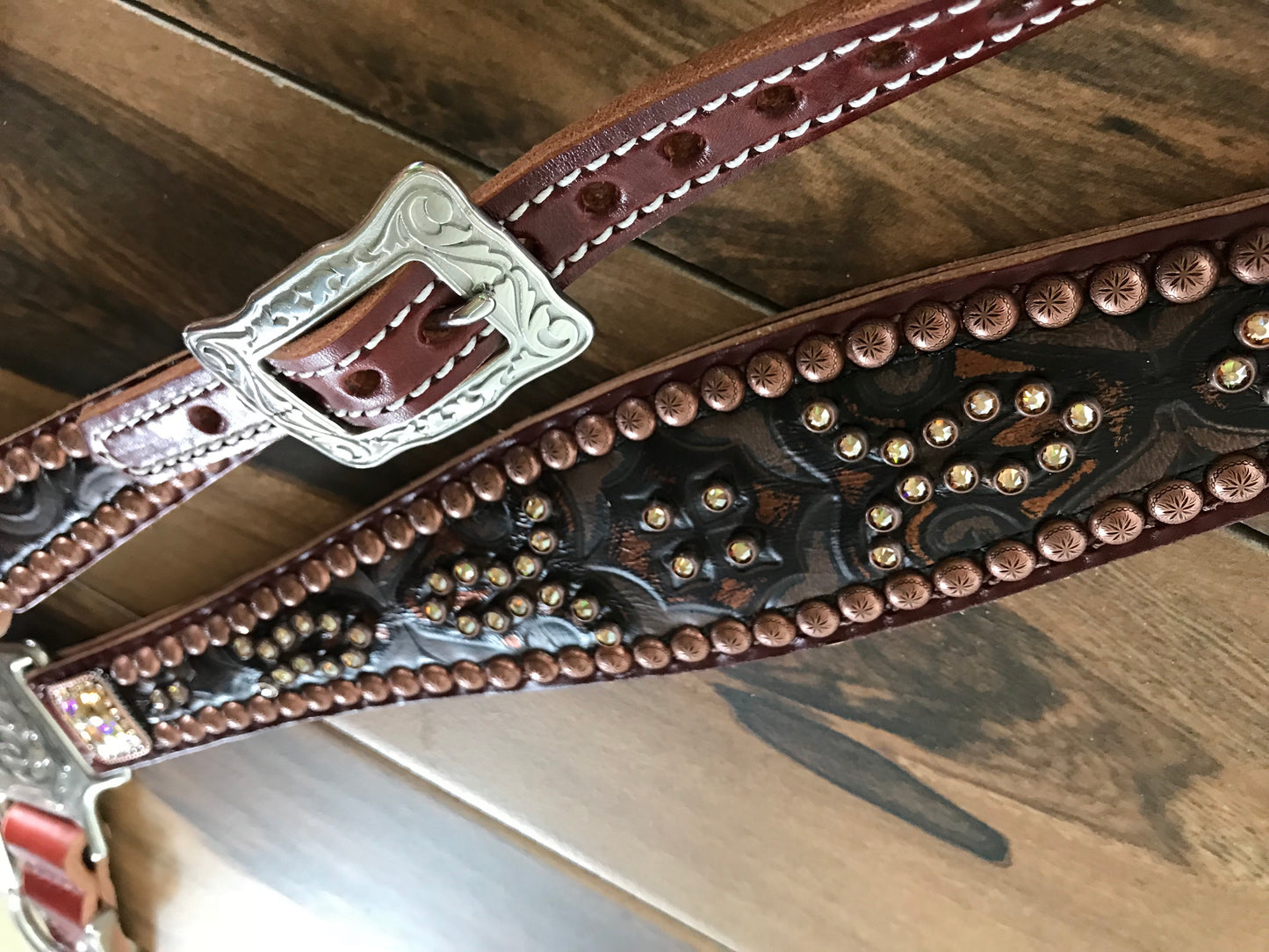 Brown Tooled leather with Crystals and Copper Spots