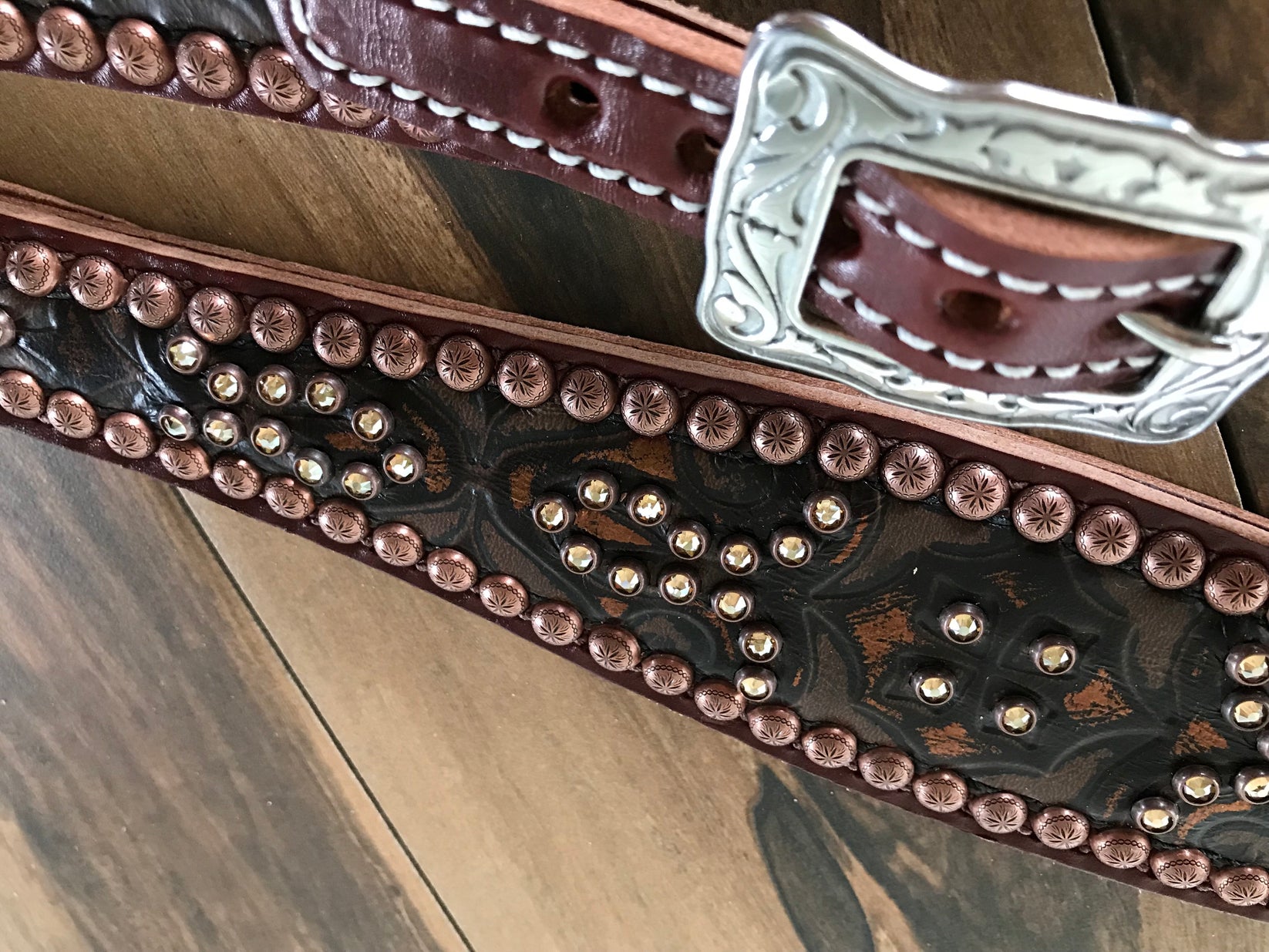 Brown Tooled leather with Crystals and Copper Spots – Rockn'Wilsons