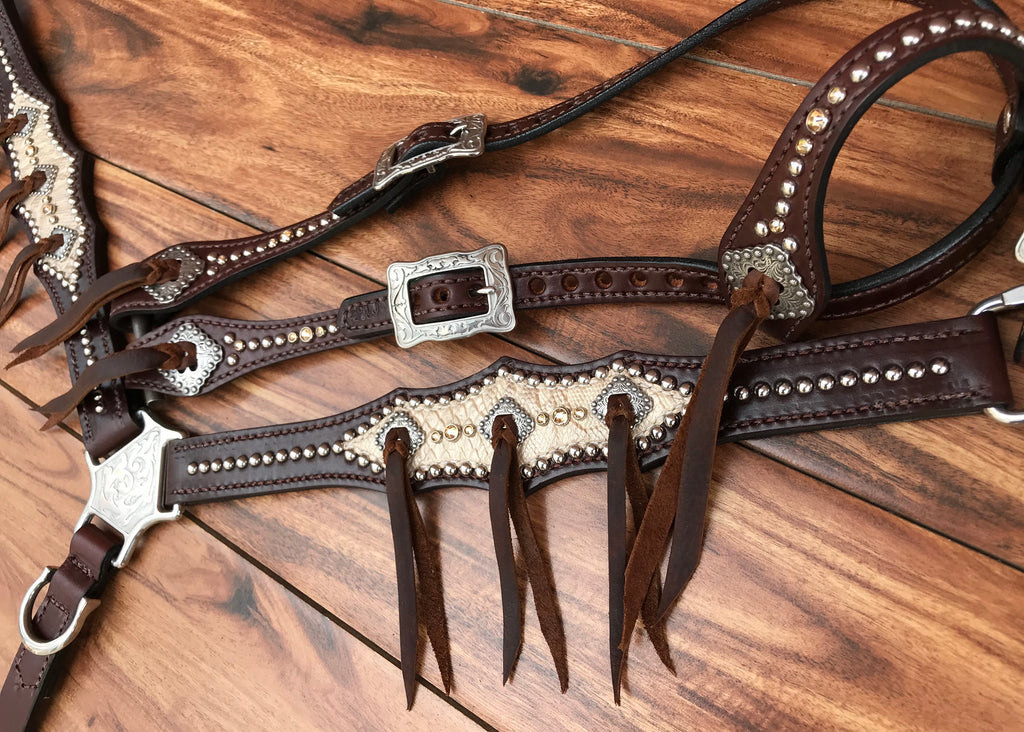 Cream Python Snake on Dark Oil Leather