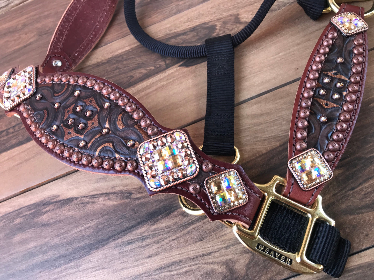 Brown Tooled leather with Crystals and Copper Spots