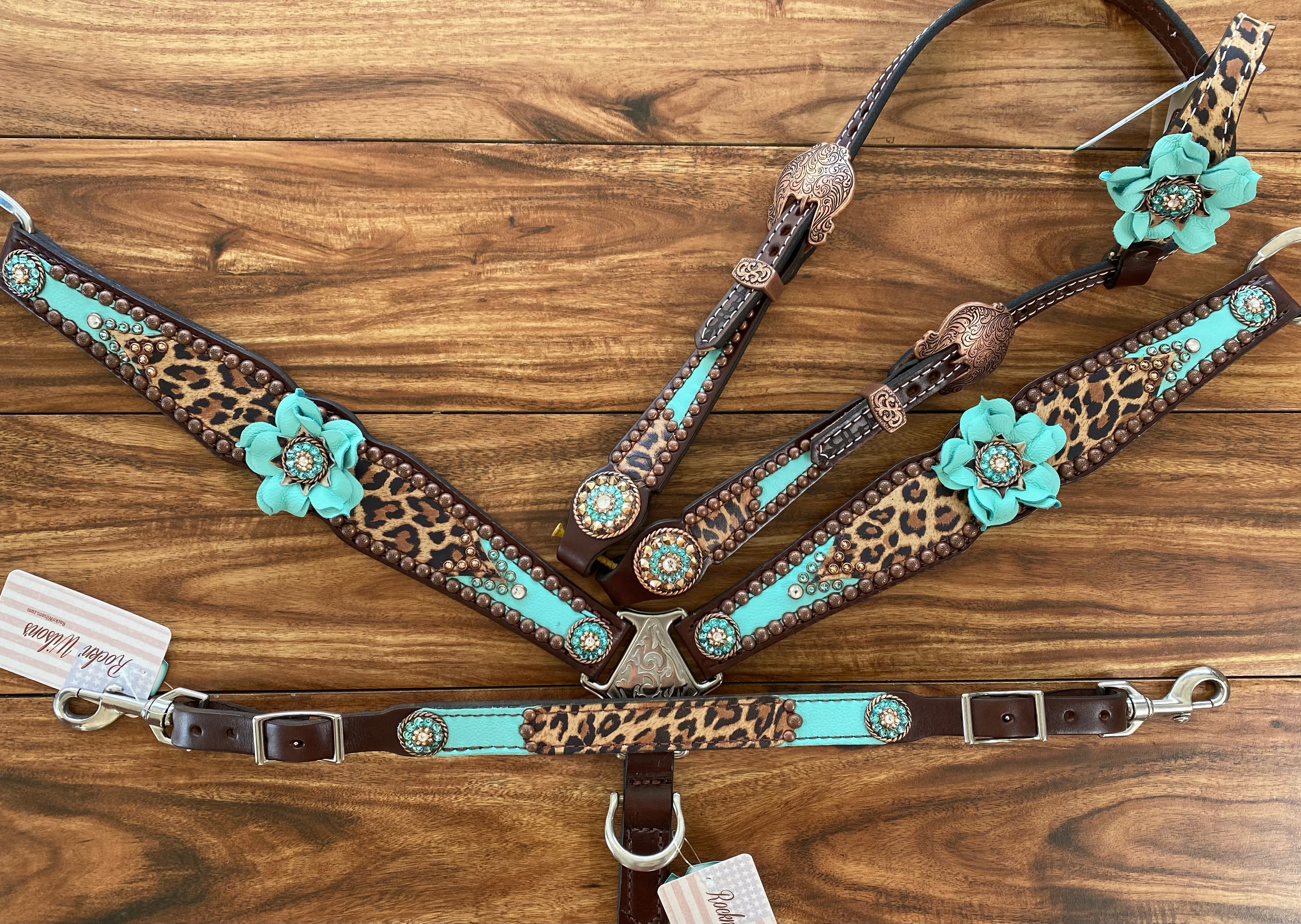 Tiffany Blue and Cheetah with Leather Flower Concho