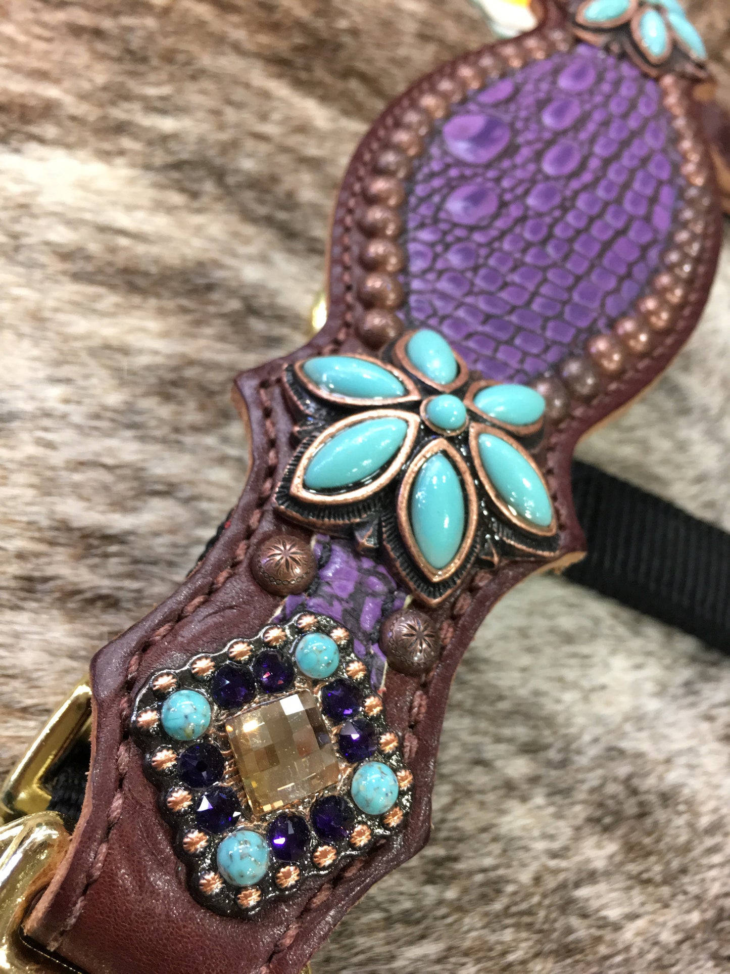 Purple gator halter with turquoise floral conchos.