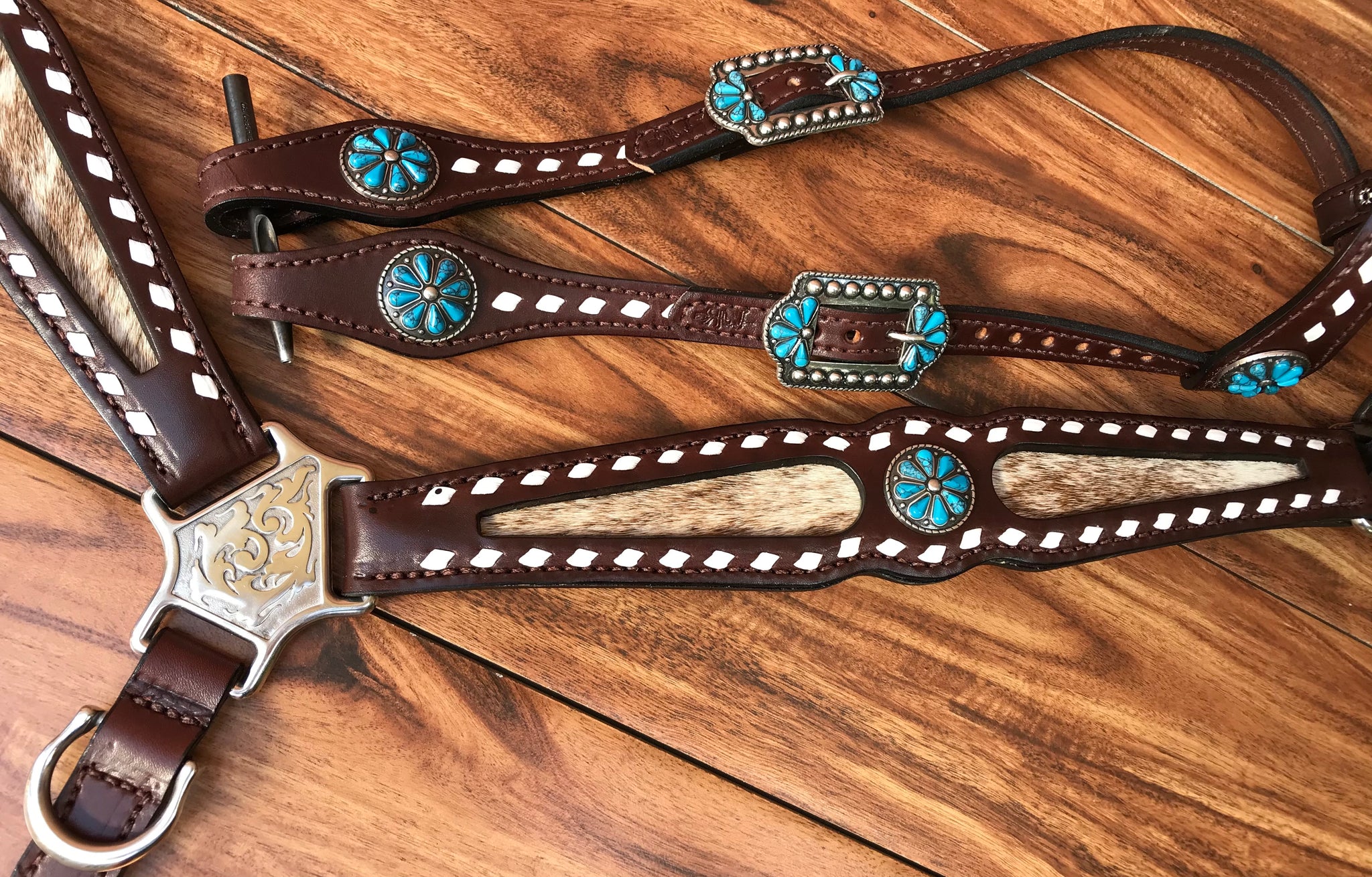 Turquoise Faux Concho Hair on Hide Buck Stitch Turquoise -  in