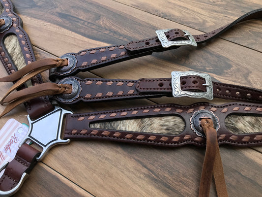 Cowhide Inlay with Kangaroo Lace Buck-stitch Solid Conchos